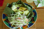 Cayman Lodge Amazonie; unser Mittagessen, serviert im Blatt einer Bijao (Calathea Lutea)